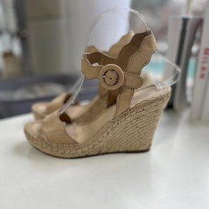 MARC FISHER Kai Tan Leather Scalloped Wedge Sandals - Size 8